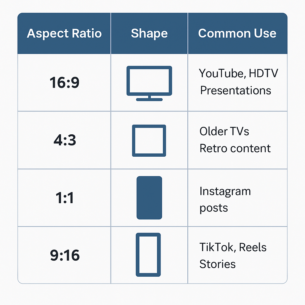 Comparison of common aspect ratios including 16:9, 4:3, 1:1 and 9:16 – visual infographic